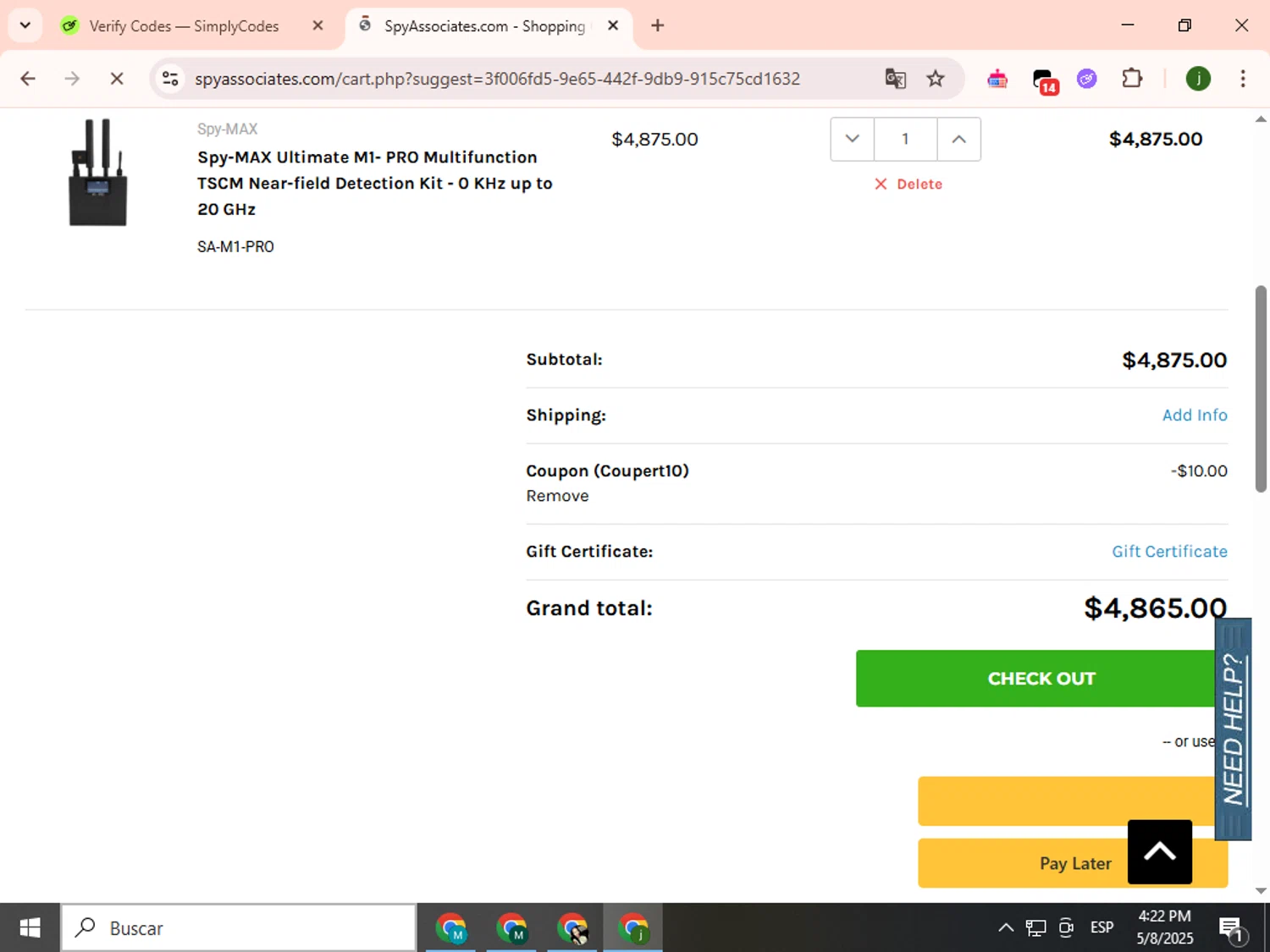 Spy Associates promo code screenshot showing code COUPERT10 applied at Spy Associates checkout page. Uploaded by SimplyCodes community member SavingsCollector2592 on May 8, 2025