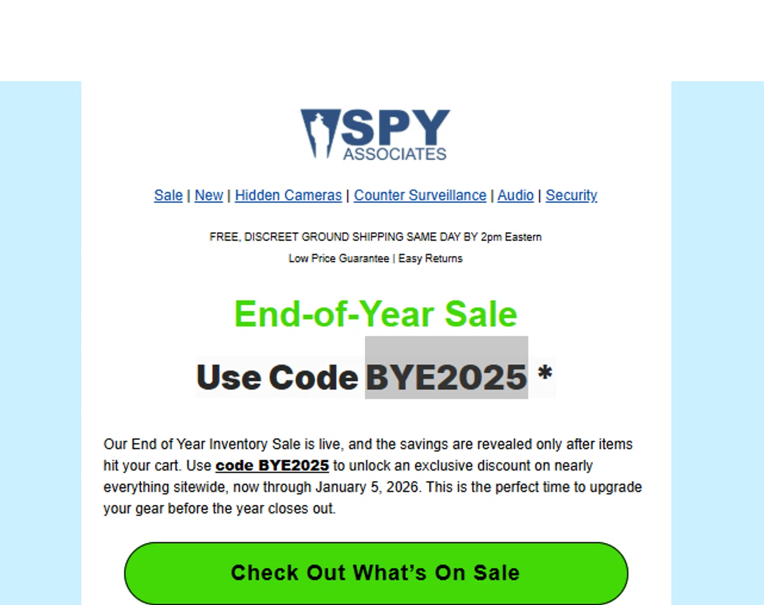 Spy Associates promo code screenshot showing code BYE2025 applied at Spy Associates checkout page. Uploaded by SimplyCodes community member BYEEEE on Dec 29, 2025