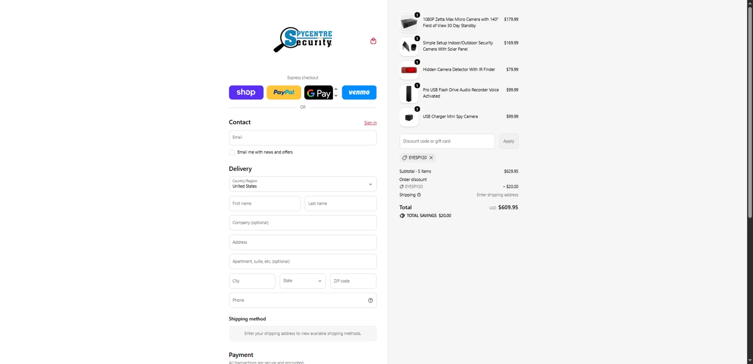 SpyCentre Security promo code screenshot showing code EYESPY20 applied at SpyCentre Security checkout page. Uploaded by SimplyCodes community member TokenNavigator3088 on Feb 18, 2026