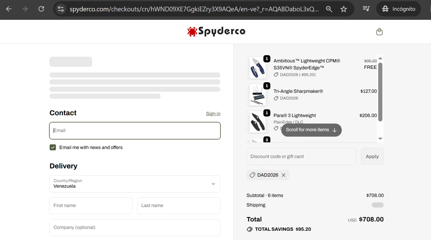 Spyderco promo code screenshot showing code DAD2026 applied at Spyderco checkout page. Uploaded by SimplyCodes community member anosesmith on Jun 5, 2026