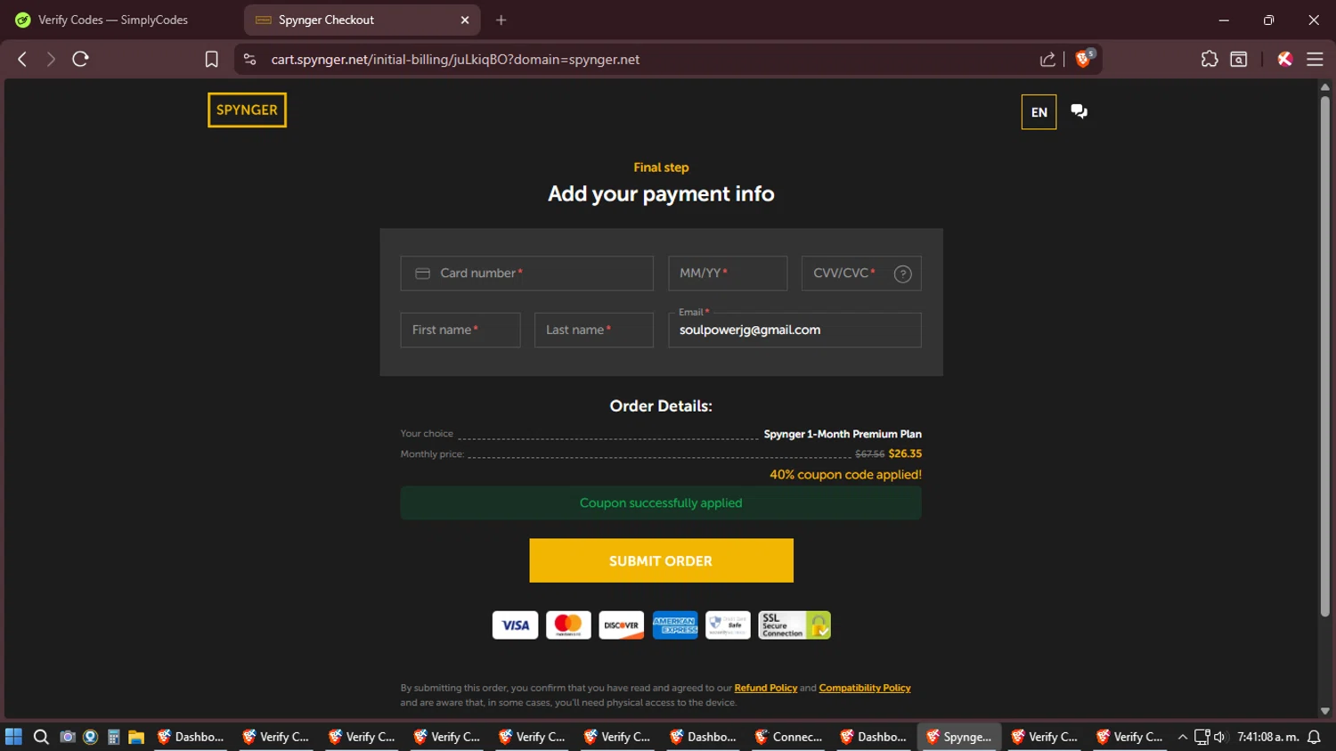 Spynger promo code screenshot showing code BDF applied at Spynger checkout page. Uploaded by SimplyCodes community member Amidamaru on Feb 21, 2026