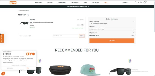 Spy Optic checkout page showing Spy Optic promo code box | Screenshot taken by SimplyCodes community member on Sep 21, 2024