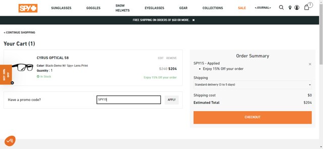 Spy Optic checkout page showing Spy Optic promo code box | Screenshot taken by SimplyCodes community member on Jul 14, 2024