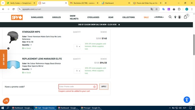 Spy Optic checkout page showing Spy Optic promo code box | Screenshot taken by SimplyCodes community member on Apr 14, 2025
