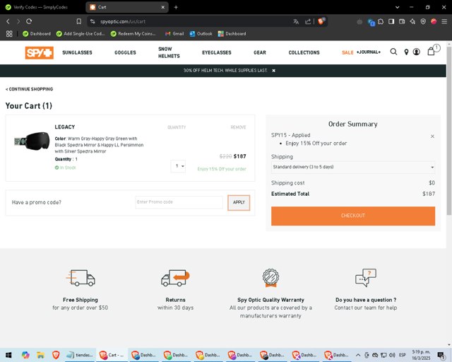 Spy Optic checkout page showing Spy Optic promo code box | Screenshot taken by SimplyCodes community member on Mar 16, 2025