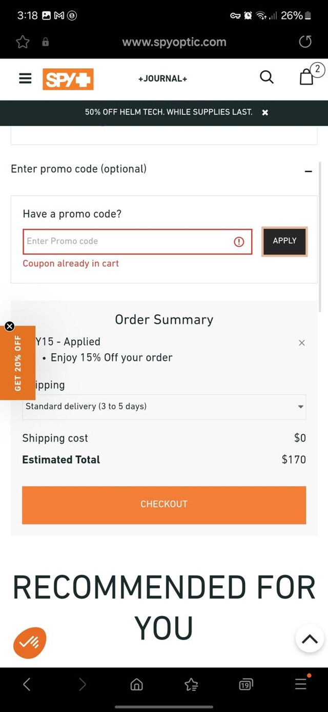 Spy Optic checkout page showing Spy Optic promo code box | Screenshot taken by SimplyCodes community member on Dec 31, 2024