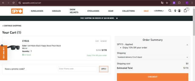 Spy Optic checkout page showing Spy Optic promo code box | Screenshot taken by SimplyCodes community member on Sep 12, 2024