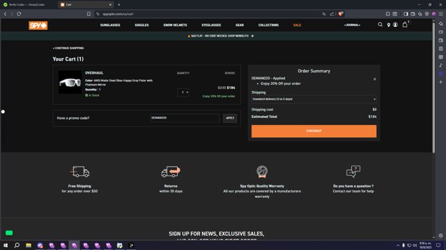 Spy Optic checkout page showing Spy Optic promo code box | Screenshot taken by SimplyCodes community member on Aug 18, 2025
