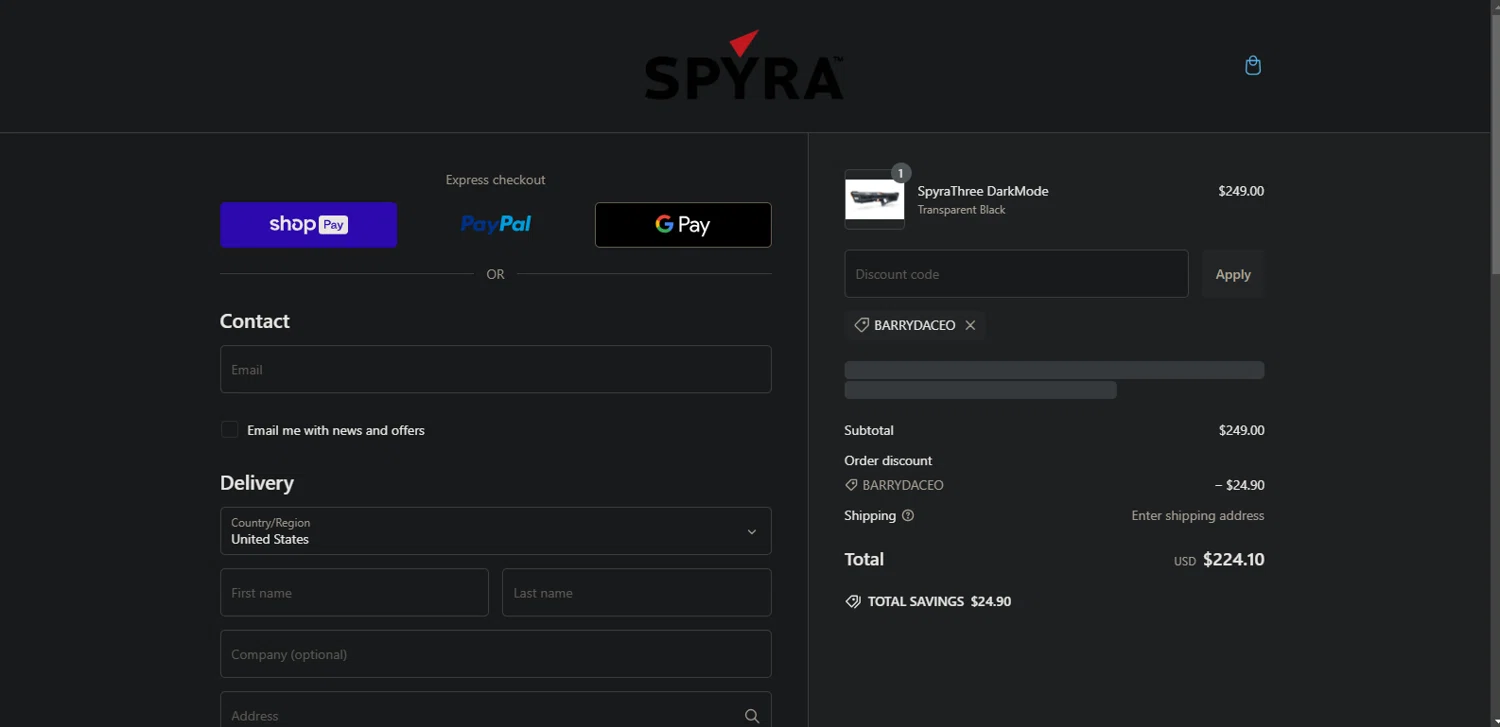 where to use SPYRA ONE promo code box