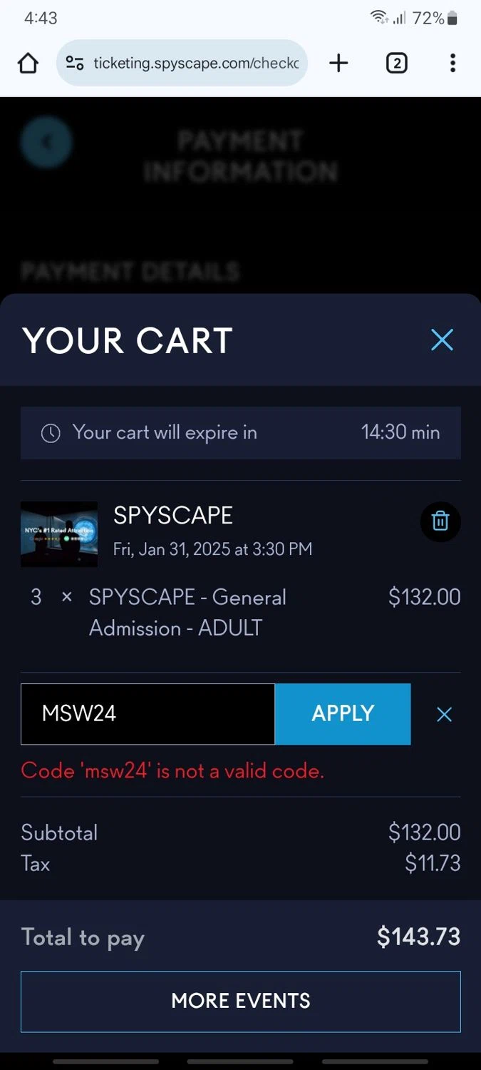 Spyscape promo code screenshot showing code MSW24 applied at Spyscape checkout page. Uploaded by SimplyCodes community member Ric_alfon on Jan 31, 2025