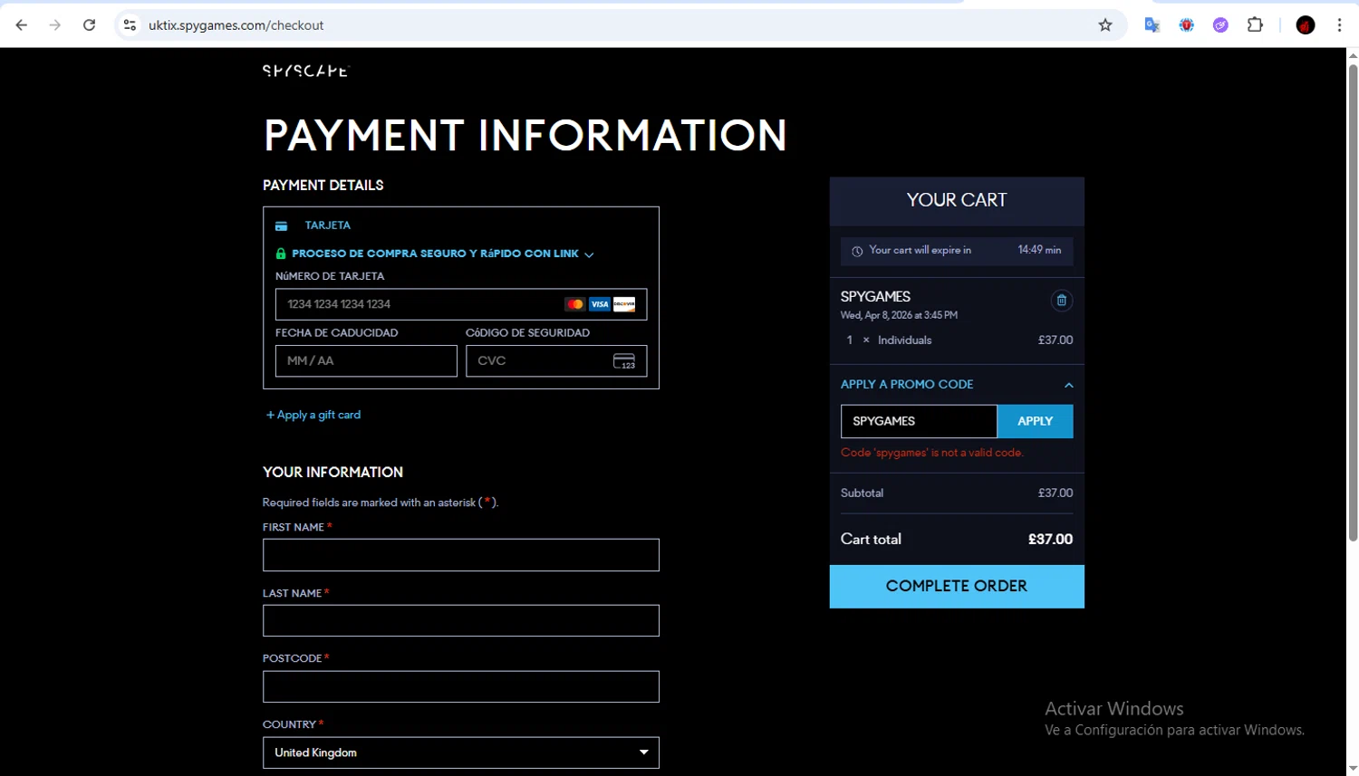 Spyscape promo code screenshot showing code SPYGAMES applied at Spyscape checkout page. Uploaded by SimplyCodes community member Francisco01 on Apr 3, 2026