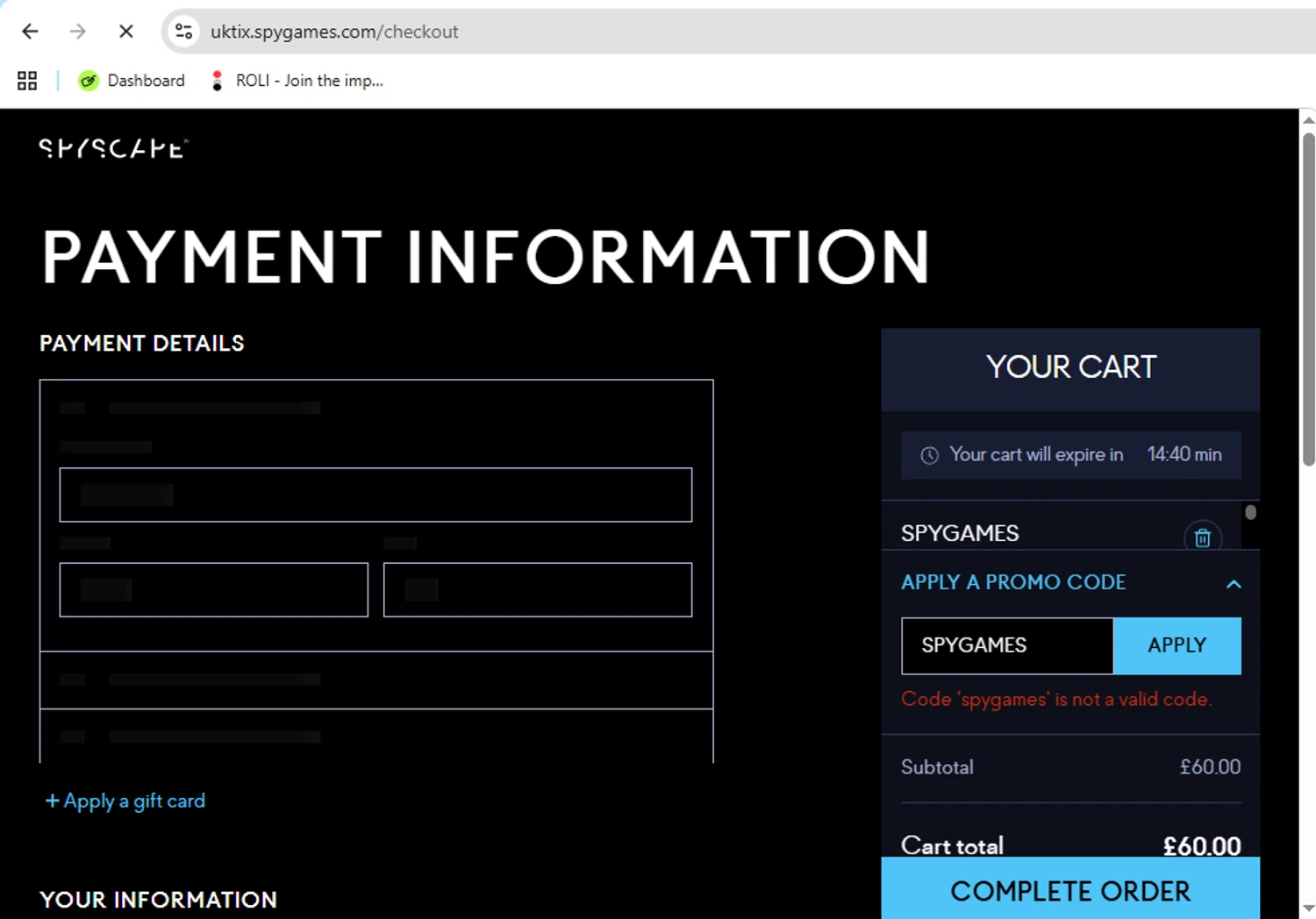 Spyscape promo code screenshot showing code SPYGAMES applied at Spyscape checkout page. Uploaded by SimplyCodes community member Jose29 on Apr 2, 2026