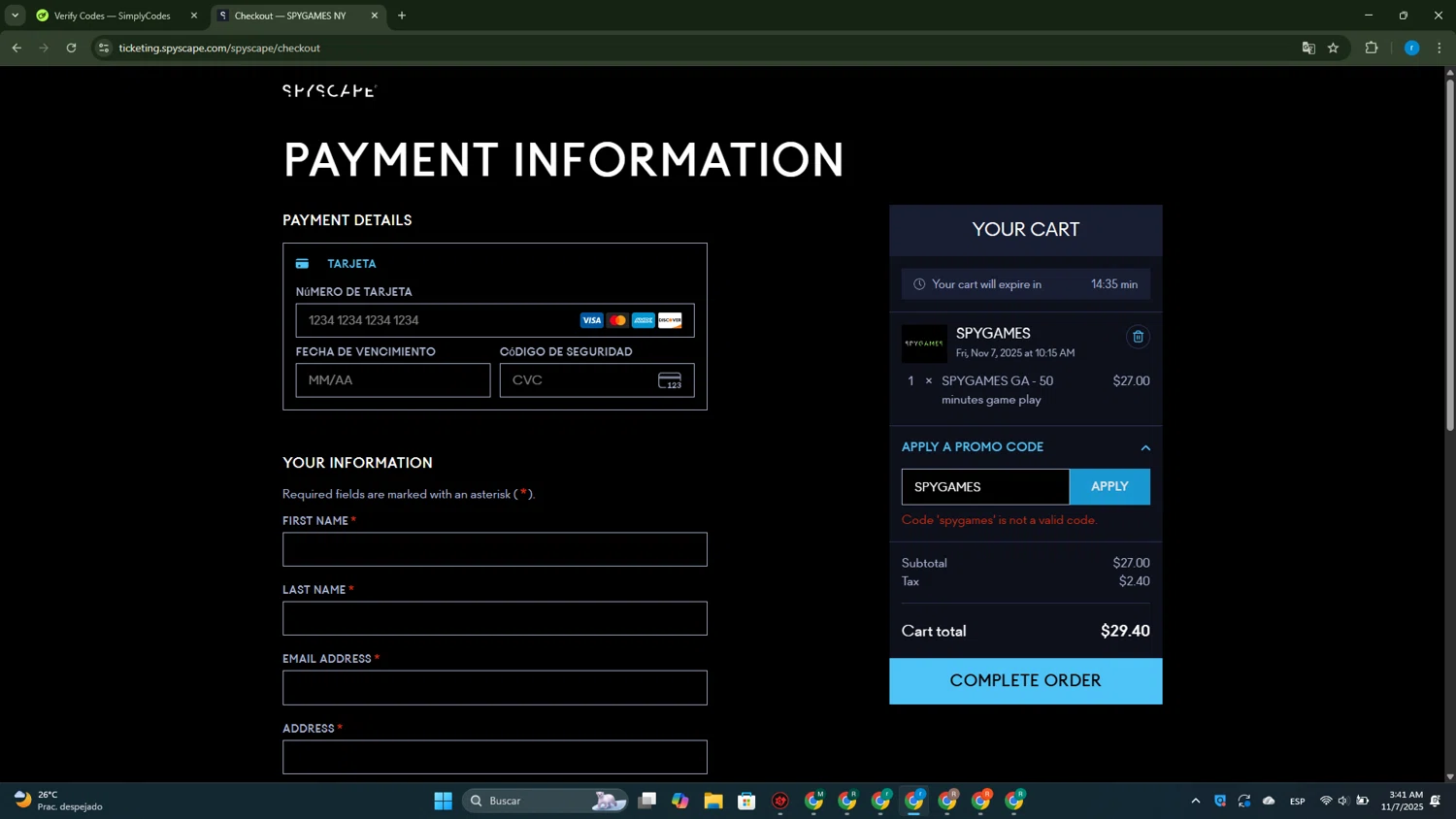 Spyscape promo code screenshot showing code SPYGAMES applied at Spyscape checkout page. Uploaded by SimplyCodes community member RewardVoyager146 on Nov 7, 2025