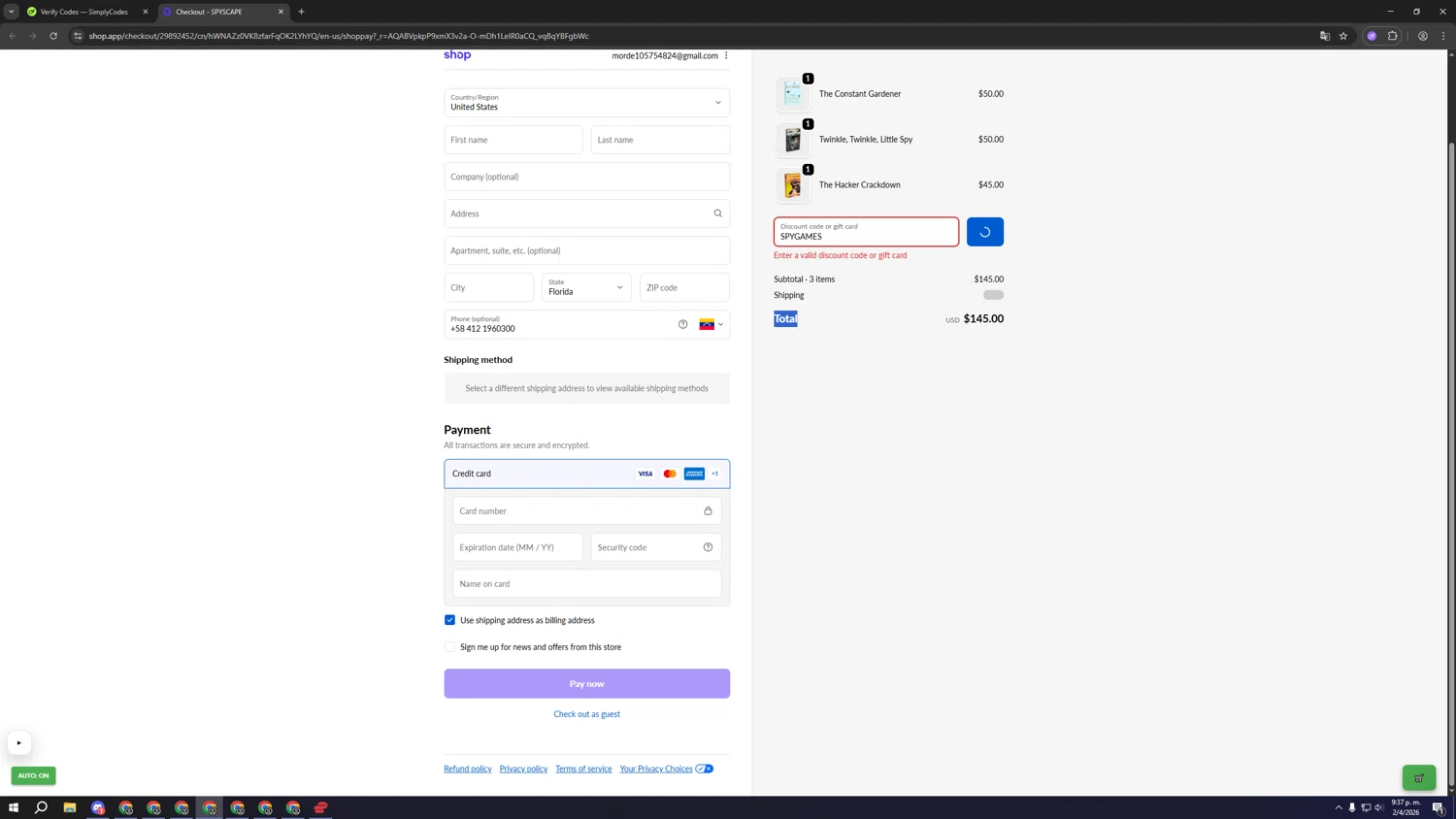 Spyscape promo code screenshot showing code SPYGAMES applied at Spyscape checkout page. Uploaded by SimplyCodes community member vbvdftg45 on Apr 3, 2026