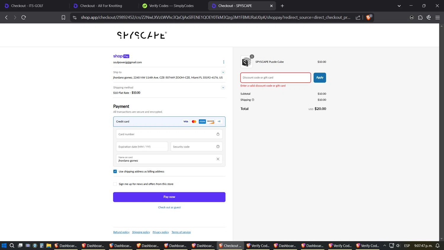 Spyscape promo code screenshot showing code JAPANESECARLOS10 applied at Spyscape checkout page. Uploaded by SimplyCodes community member Shizuku on Mar 28, 2025