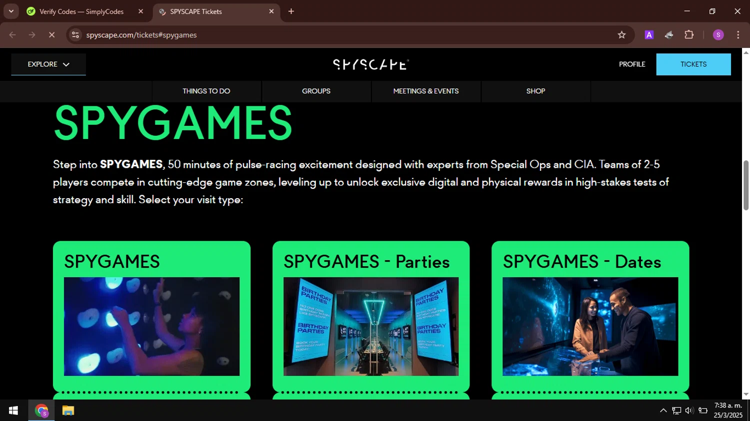 Spyscape promo code screenshot showing code SPYGAMESNYCPLUGGED10 applied at Spyscape checkout page. Uploaded by SimplyCodes community member AbusaGordas on Mar 25, 2025