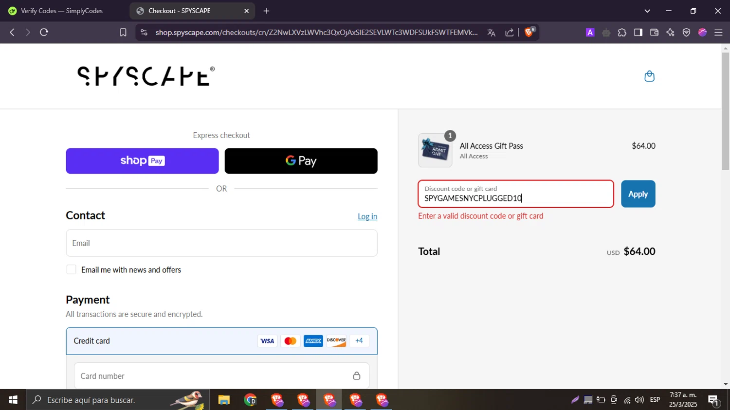 Spyscape promo code screenshot showing code SPYGAMESNYCPLUGGED10 applied at Spyscape checkout page. Uploaded by SimplyCodes community member Esterasa on Mar 25, 2025