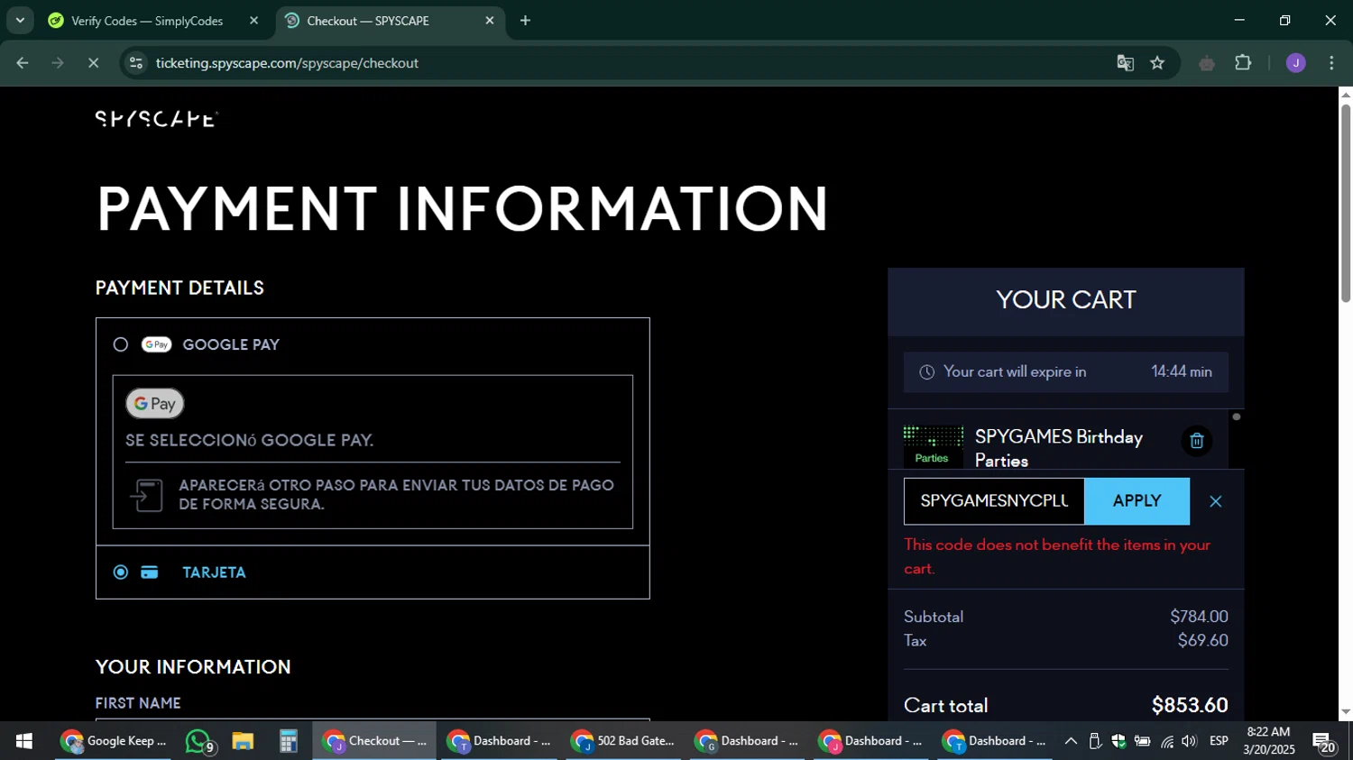Spyscape checkout page showing Spyscape promo code box | Screenshot taken by SimplyCodes community member on Mar 20, 2025