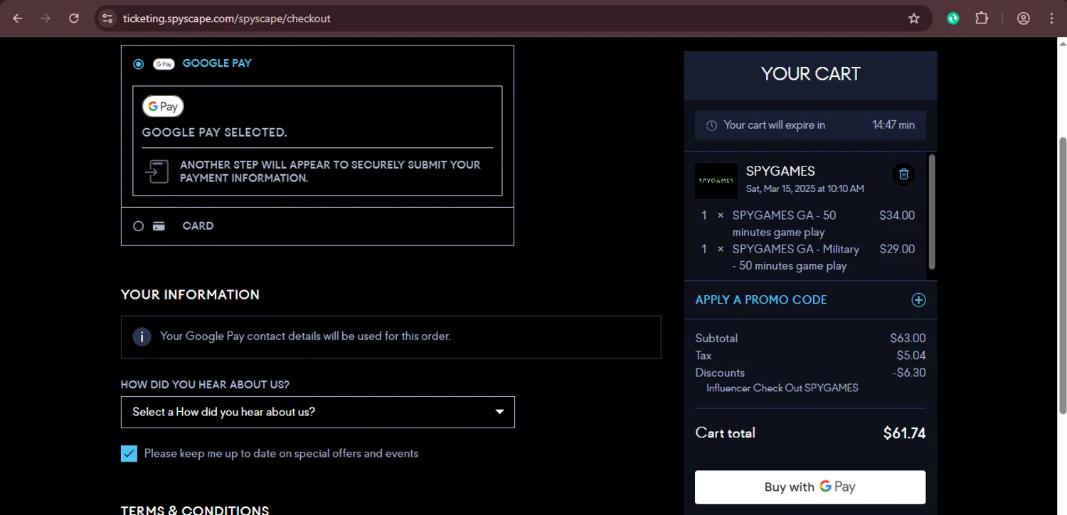 Spyscape checkout page showing Spyscape promo code box | Screenshot taken by SimplyCodes community member on Mar 15, 2025