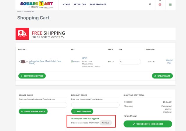 Square 1 Art checkout page showing Square 1 Art promo code box | Screenshot taken by SimplyCodes community member on Apr 19, 2021