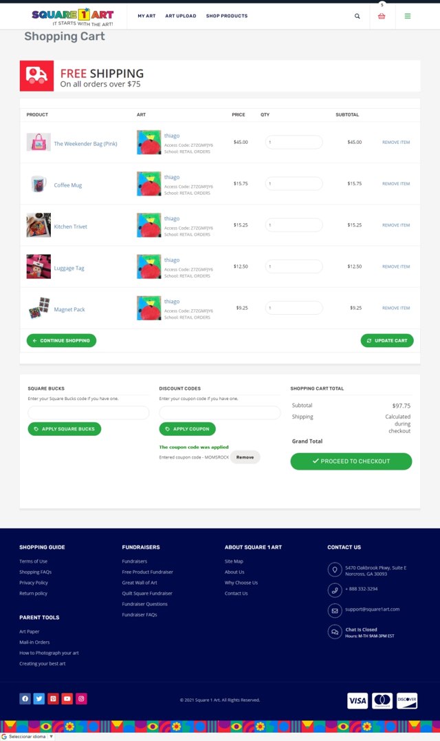 Square 1 Art checkout page showing Square 1 Art promo code box | Screenshot taken by SimplyCodes community member on Apr 8, 2021