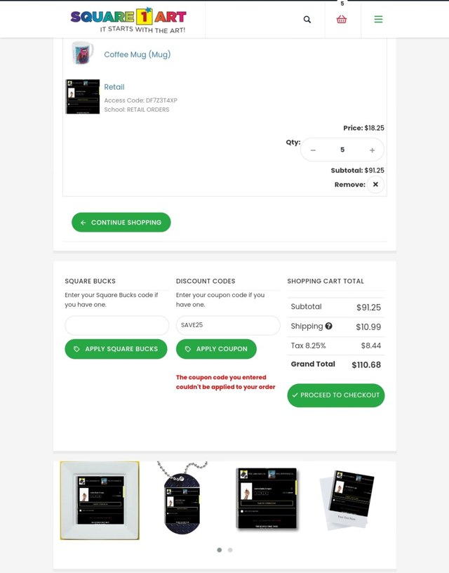Square 1 Art checkout page showing Square 1 Art promo code box | Screenshot taken by SimplyCodes community member on Nov 15, 2023