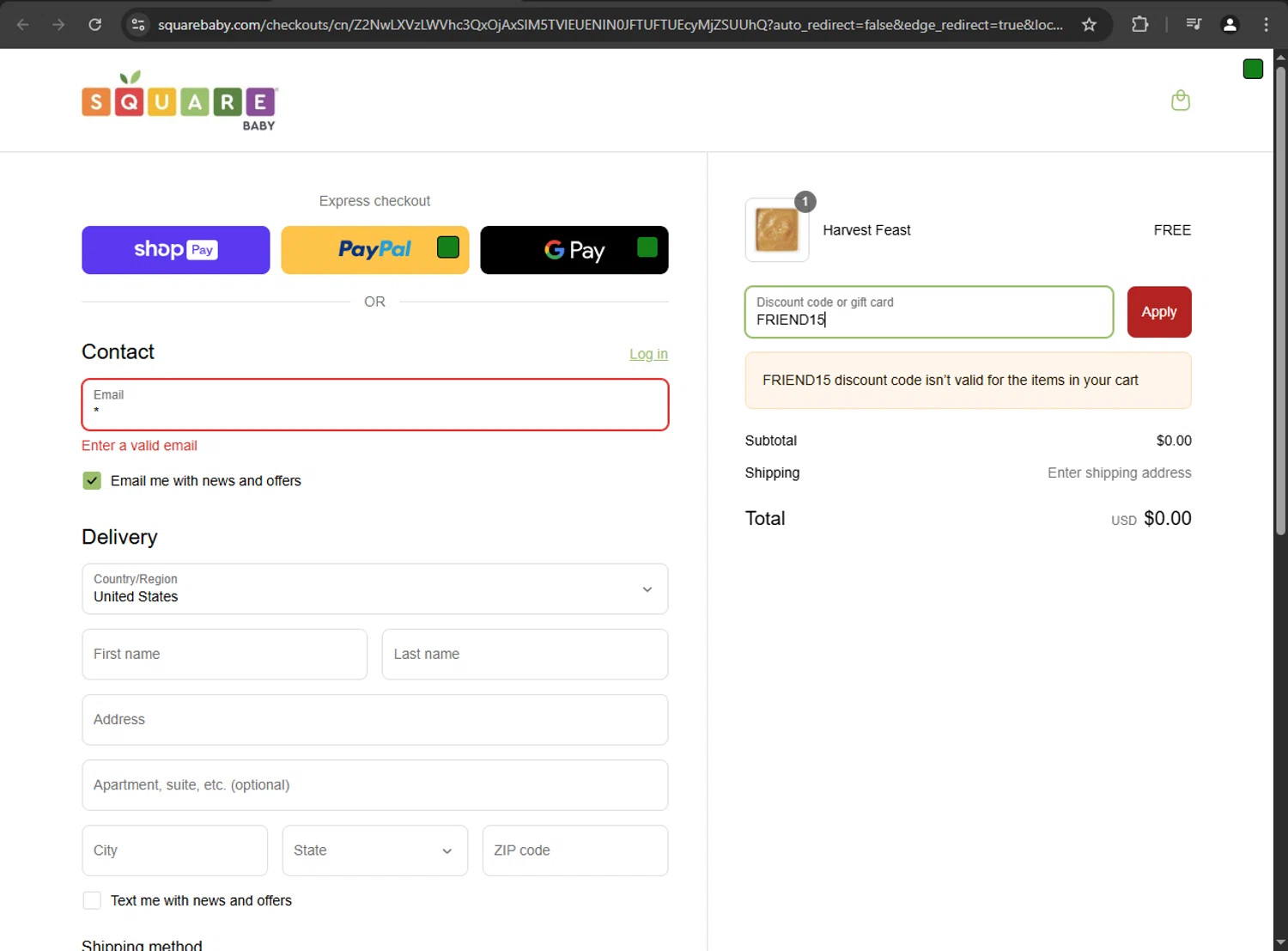Square Baby promo code screenshot showing code FRIEND15 applied at Square Baby checkout page. Uploaded by SimplyCodes community member zzzzzzza on Apr 20, 2025
