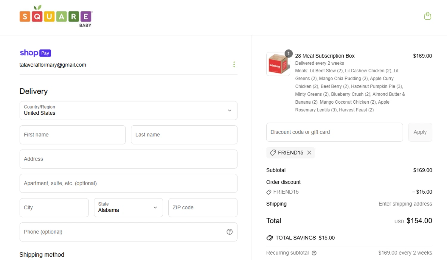 Square Baby promo code screenshot showing code FRIEND15 applied at Square Baby checkout page. Uploaded by SimplyCodes community member unmentionable on Jun 13, 2025