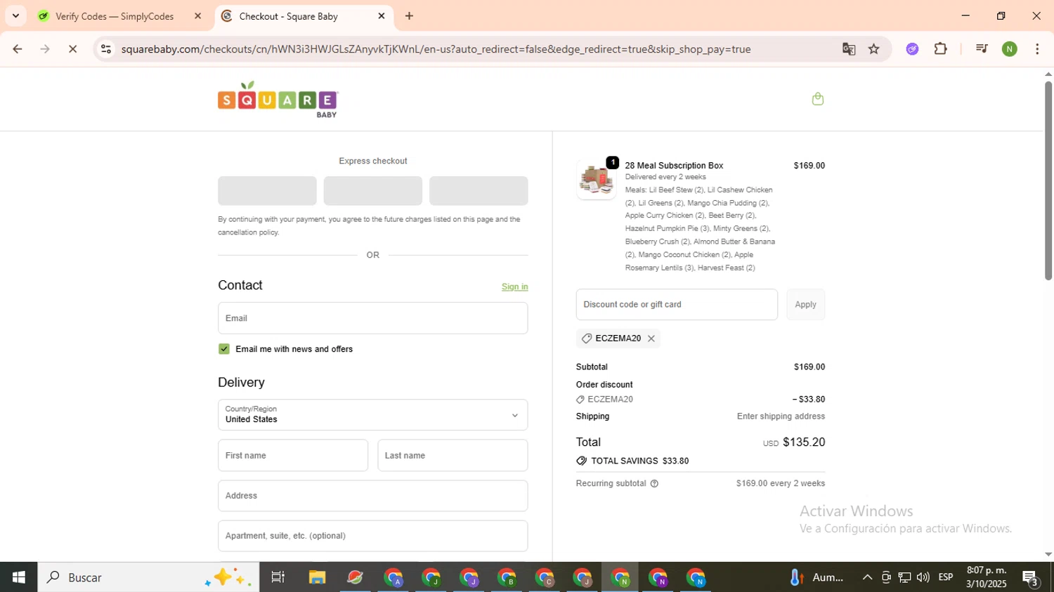 Square Baby promo code screenshot showing code ECZEMA20 applied at Square Baby checkout page. Uploaded by SimplyCodes community member TokenMaverick6956 on Oct 4, 2025