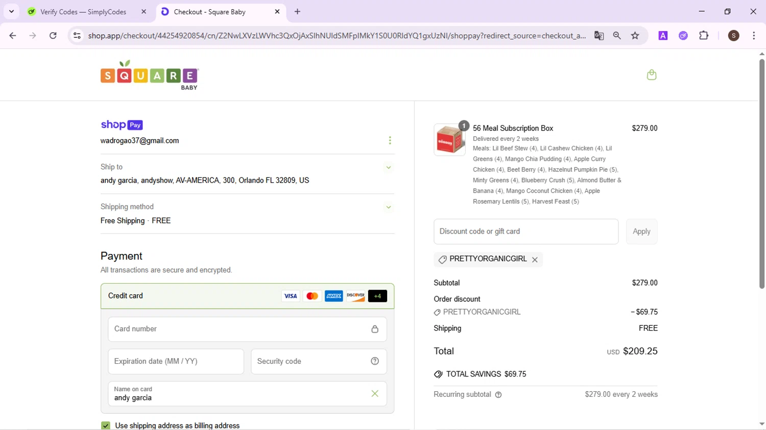 Square Baby promo code screenshot showing code Prettyorganicgirl applied at Square Baby checkout page. Uploaded by SimplyCodes community member QuestPhoenix2794 on Jun 13, 2025