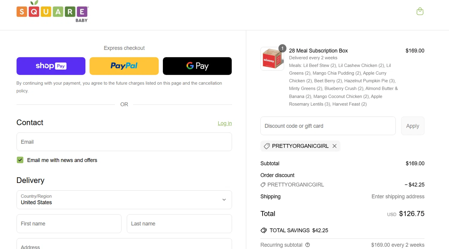 Square Baby promo code screenshot showing code Prettyorganicgirl applied at Square Baby checkout page. Uploaded by SimplyCodes community member lukeCallahannn on May 17, 2025
