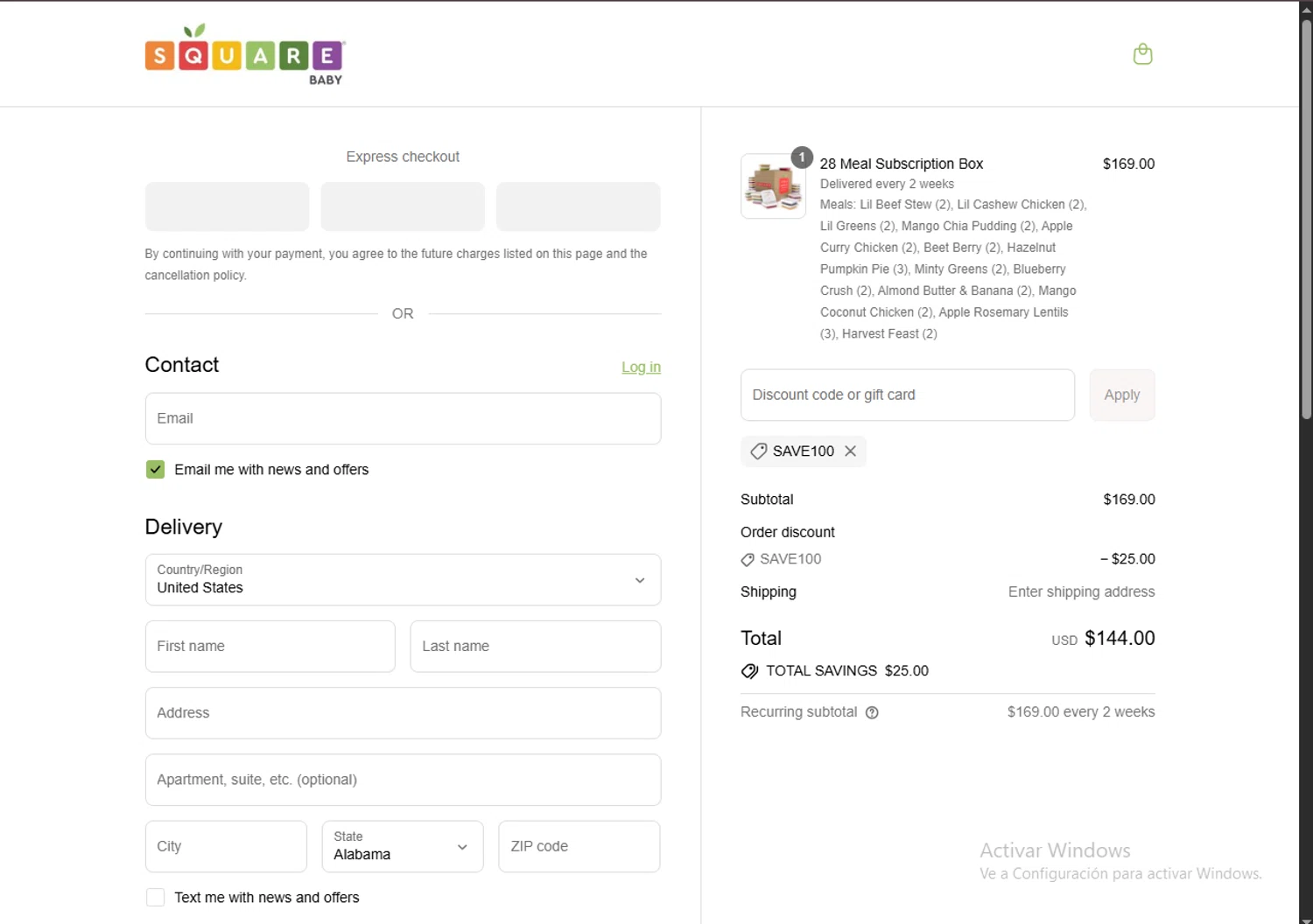 Square Baby promo code screenshot showing code SAVE100 applied at Square Baby checkout page. Uploaded by SimplyCodes community member FortunateDefender7285 on Jul 24, 2025