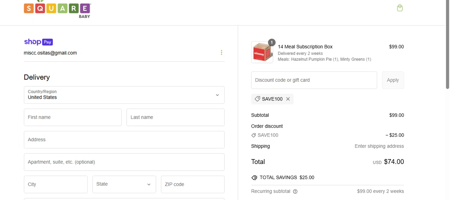 Square Baby promo code screenshot showing code SAVE100 applied at Square Baby checkout page. Uploaded by SimplyCodes community member BrilliantFalcon6936 on Feb 24, 2025