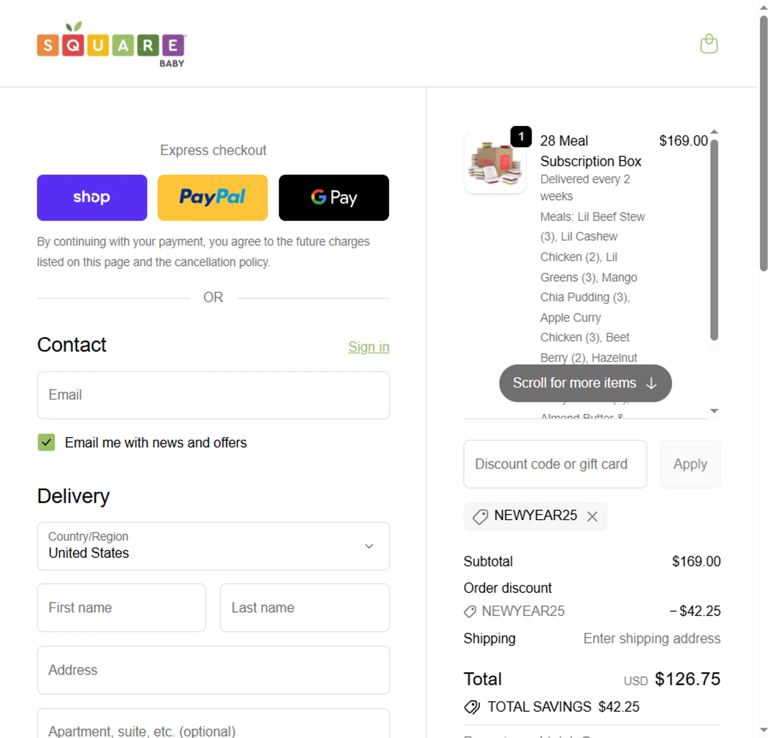 Square Baby promo code screenshot showing code NEWYEAR25 applied at Square Baby checkout page. Uploaded by SimplyCodes community member BeaMartinez on Jan 2, 2026