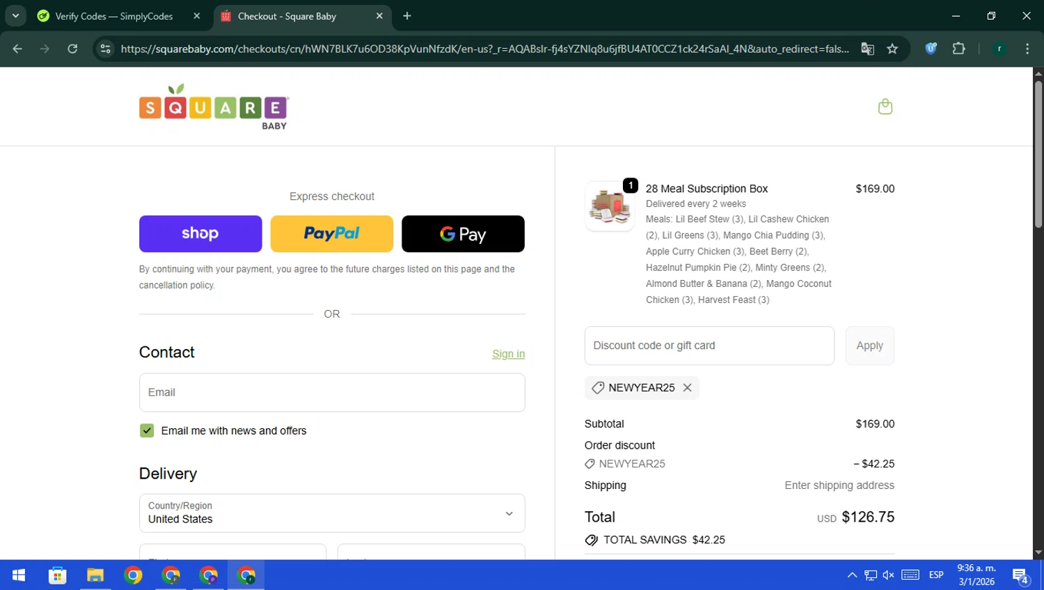 Square Baby promo code screenshot showing code NEWYEAR25 applied at Square Baby checkout page. Uploaded by SimplyCodes community member rodri1 on Jan 3, 2026