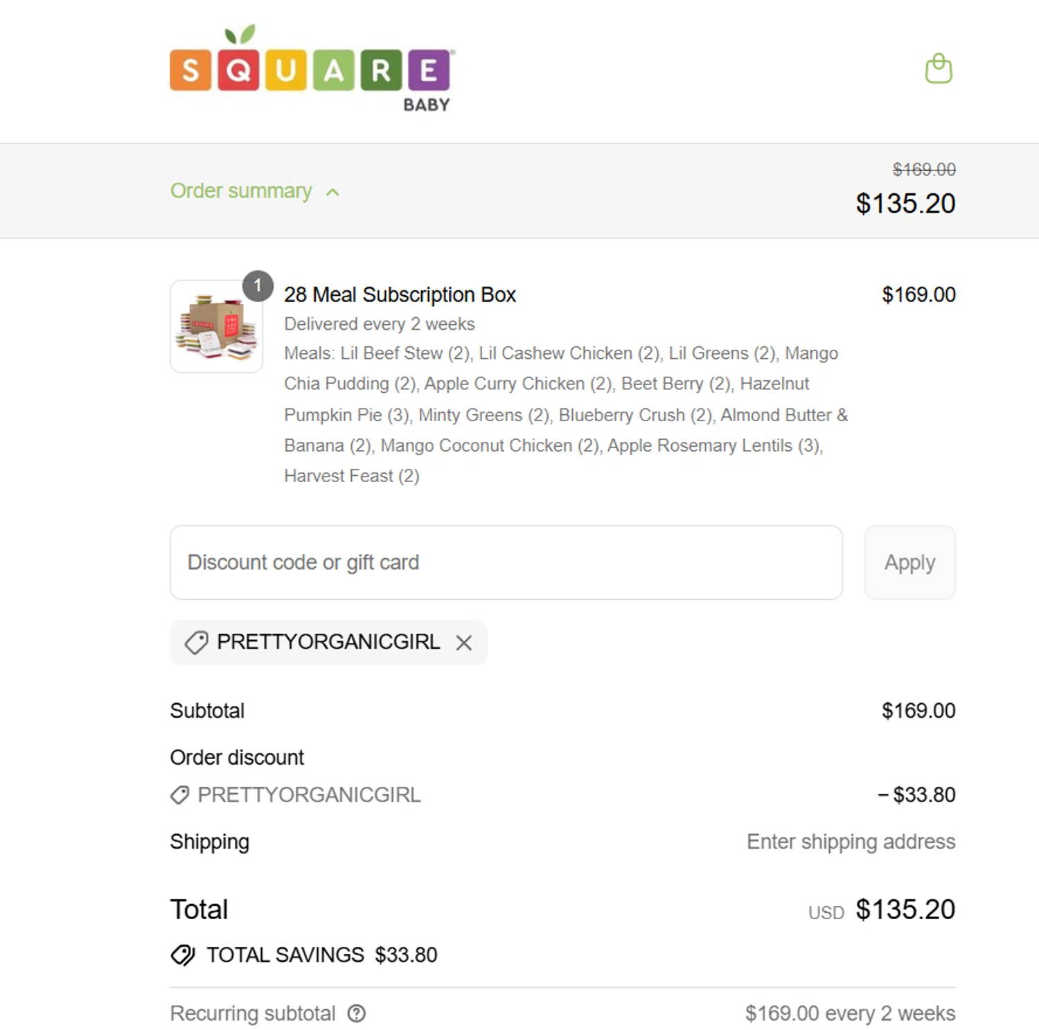 Square Baby promo code screenshot showing code PRETTYORGANICGIRL applied at Square Baby checkout page. Uploaded by SimplyCodes community member becomeaware on Aug 6, 2025