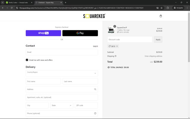 Square Keg checkout page showing Square Keg discount code box | Screenshot taken by SimplyCodes community member on Oct 9, 2024