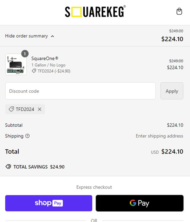 Square Keg checkout page showing Square Keg discount code box | Screenshot taken by SimplyCodes community member on Oct 3, 2024