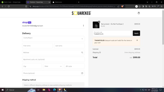 Square Keg checkout page showing Square Keg discount code box | Screenshot taken by SimplyCodes community member on Oct 25, 2024