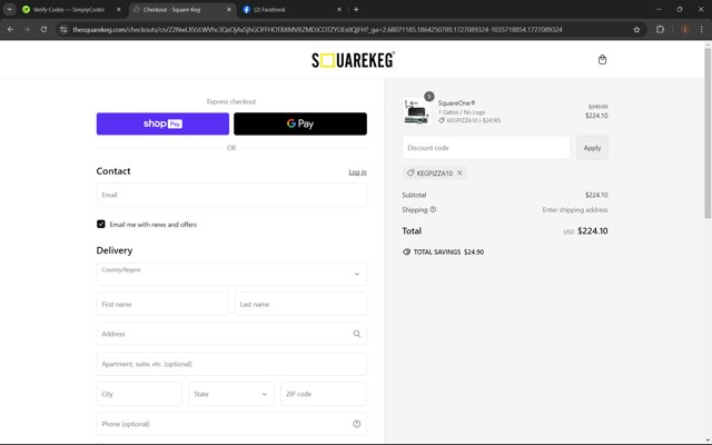 Square Keg checkout page showing Square Keg discount code box | Screenshot taken by SimplyCodes community member on Sep 23, 2024