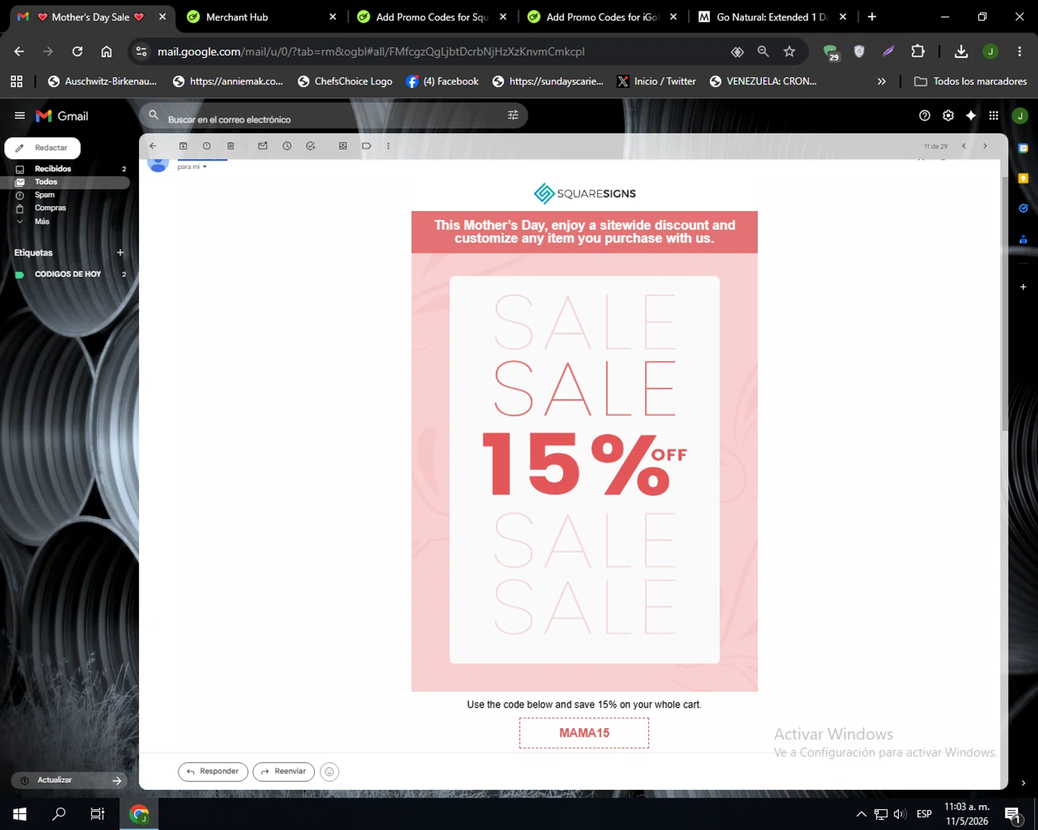 Square Signs promo code screenshot showing code MAMA15 applied at Square Signs checkout page. Uploaded by SimplyCodes community member Codehunter on May 11, 2026