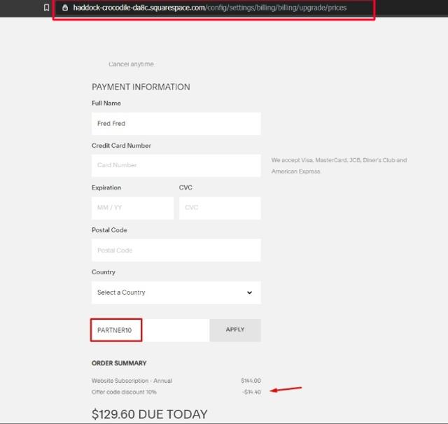 Squarespace checkout page showing Squarespace promo code box | Screenshot taken by SimplyCodes community member on Aug 2, 2020