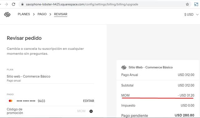 Squarespace checkout page showing Squarespace promo code box | Screenshot taken by SimplyCodes community member on Aug 2, 2020