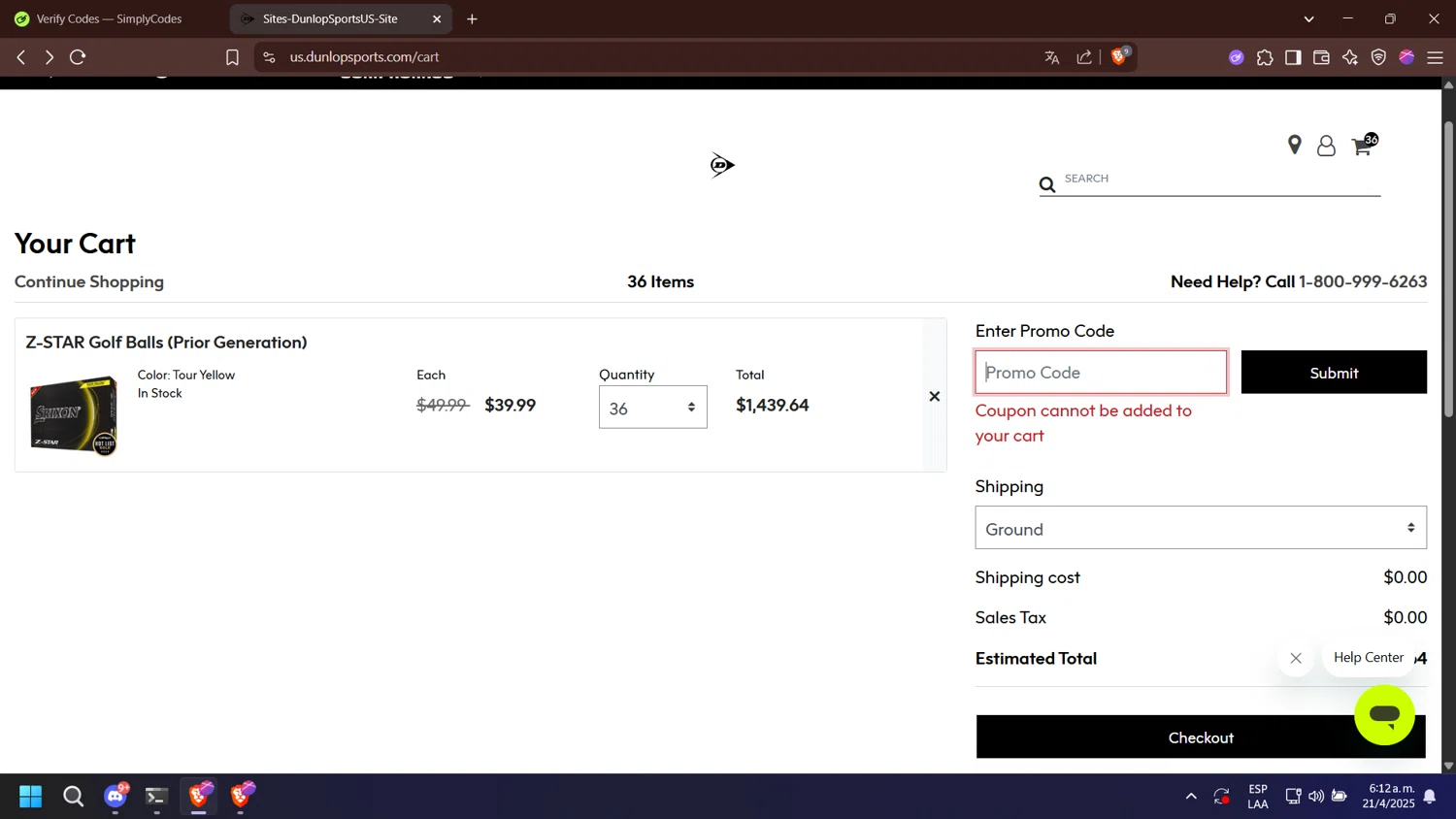 Srixon promo code screenshot showing code DUNLOP2024 applied at Srixon checkout page. Uploaded by SimplyCodes community member esperanza on Apr 21, 2025