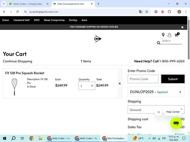 Srixon checkout page showing Srixon promo code box | Screenshot taken by SimplyCodes community member on Sep 9, 2025