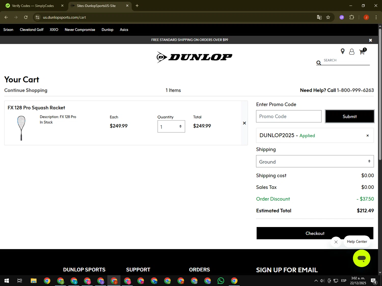 Srixon promo code screenshot showing code DUNLOP2025 applied at Srixon checkout page. Uploaded by SimplyCodes community member KimDokja on Dec 22, 2025