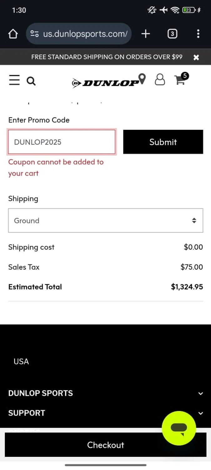 Srixon promo code screenshot showing code DUNLOP2025 applied at Srixon checkout page. Uploaded by SimplyCodes community member RoyalSpotter5217 on Jan 1, 2026