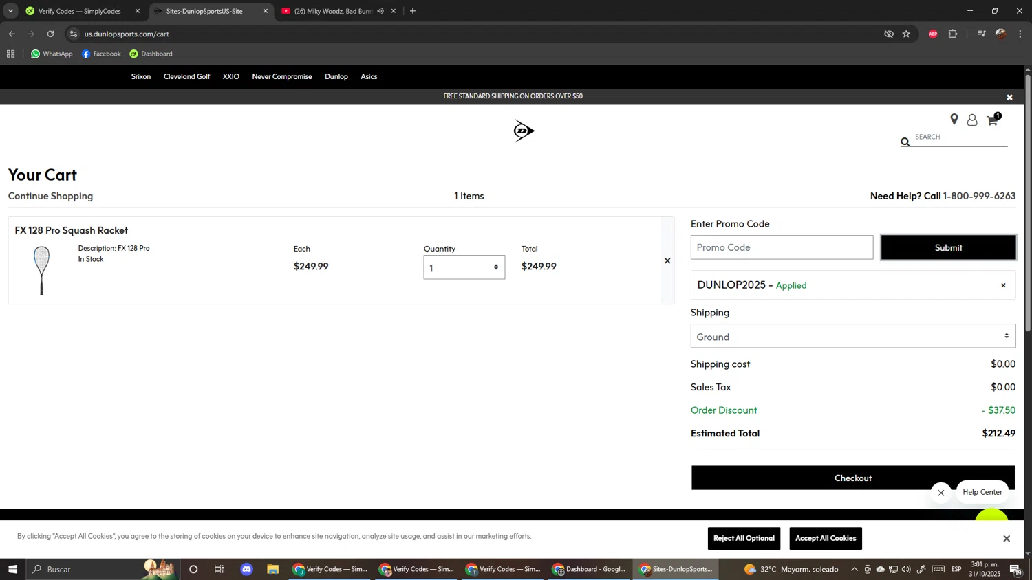 Srixon promo code screenshot showing code DUNLOP2025 applied at Srixon checkout page. Uploaded by SimplyCodes community member ScanShopper554 on Oct 31, 2025