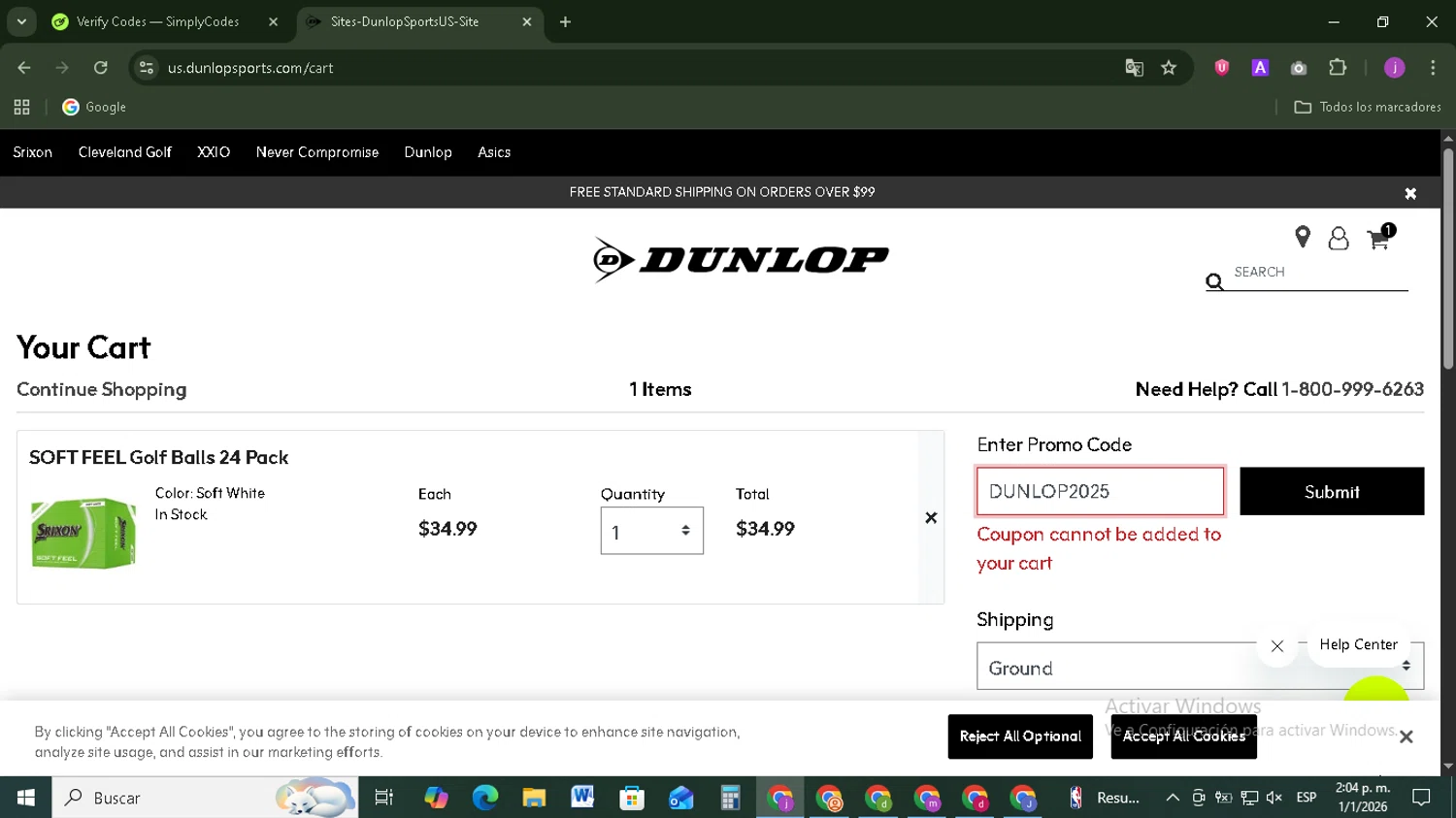 Srixon promo code screenshot showing code DUNLOP2025 applied at Srixon checkout page. Uploaded by SimplyCodes community member Tazbravo on Jan 1, 2026