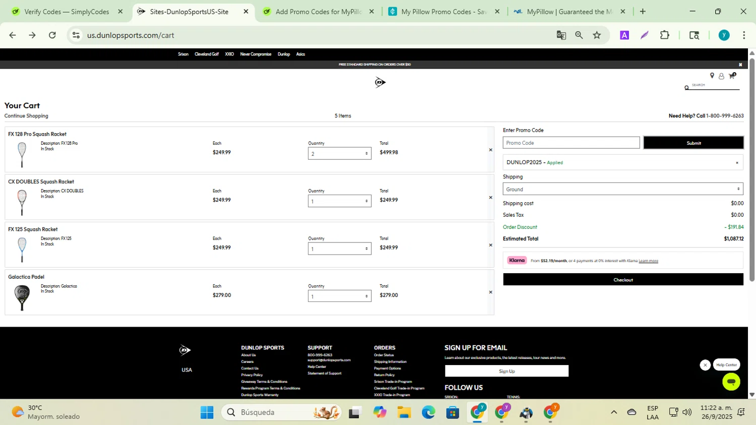 Srixon promo code screenshot showing code DUNLOP2025 applied at Srixon checkout page. Uploaded by SimplyCodes community member yadiracg074 on Sep 26, 2025